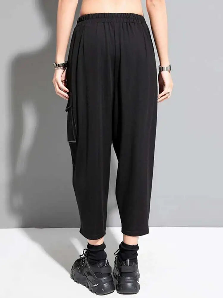 High Elastic Waist Black Color-block Long Harem Pants New Loose Fit Trousers Women Fashion Tide Spring Summer 2025 1DF8821