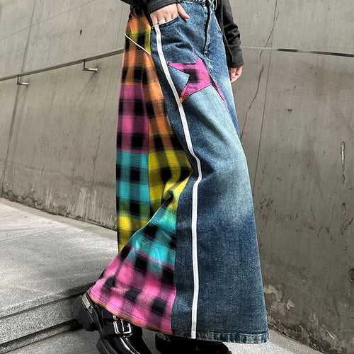 Load image into Gallery viewer, High Elastic Waist Blue Back Plaid Denim Long A-line Half-body Skirt Women Fashion Tide New Spring Autumn 2025 1DH8117

