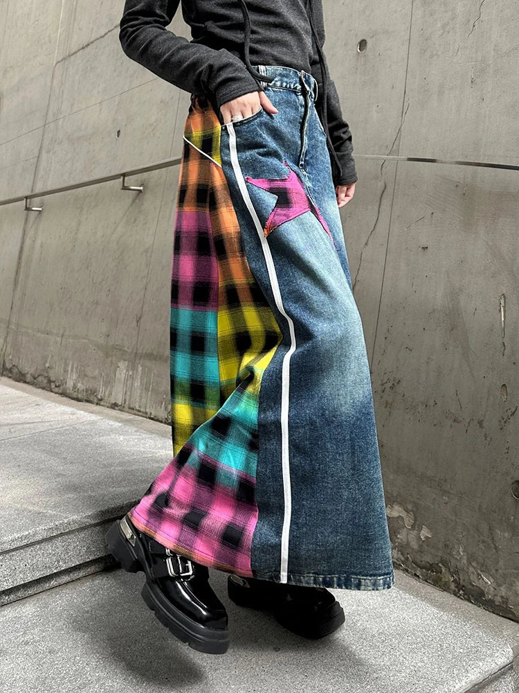 High Elastic Waist Blue Back Plaid Denim Long A-line Half-body Skirt Women Fashion Tide New Spring Autumn 2025 1DH8117