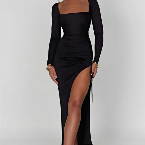 Load image into Gallery viewer, Long Sleeve Ruched High Split Maxi Dress Women Square Collar Drawstring Bodycon Sexy Party Long Dress Elegant Autumn
