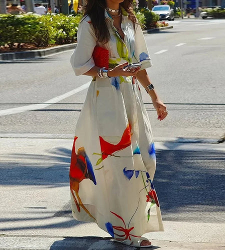 Women's Casual Elegant Dress Summer 2025 Spring  Half Sleeve Button Down Tie Waist Printed Maxi Shirt Dress Fit Daily