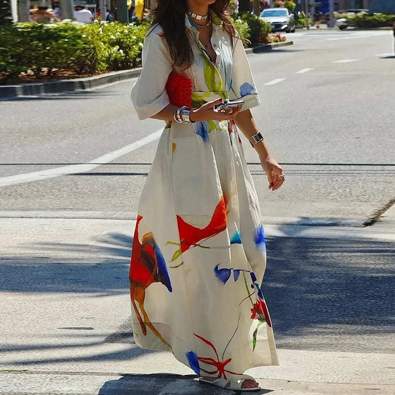Women's Casual Elegant Dress Summer 2025 Spring  Half Sleeve Button Down Tie Waist Printed Maxi Shirt Dress Fit Daily