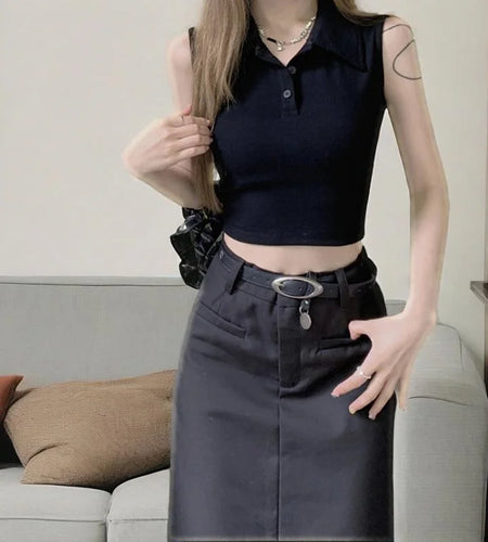 y2k Tank Top Women Summer Clothes Solid Color Turn Down Collar Buttons Sleeveless Tshirt Vest 2000s Clothing Streetwear