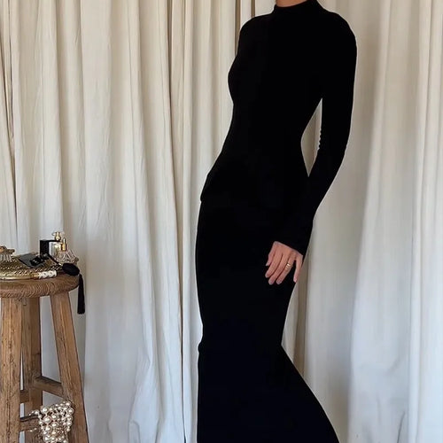 Load image into Gallery viewer, Black Long Sleeve Sexy Maxi Dress For Women Autumn Winter New O Neck Two Pocket Back Split Bodycon Long Dress Elegant
