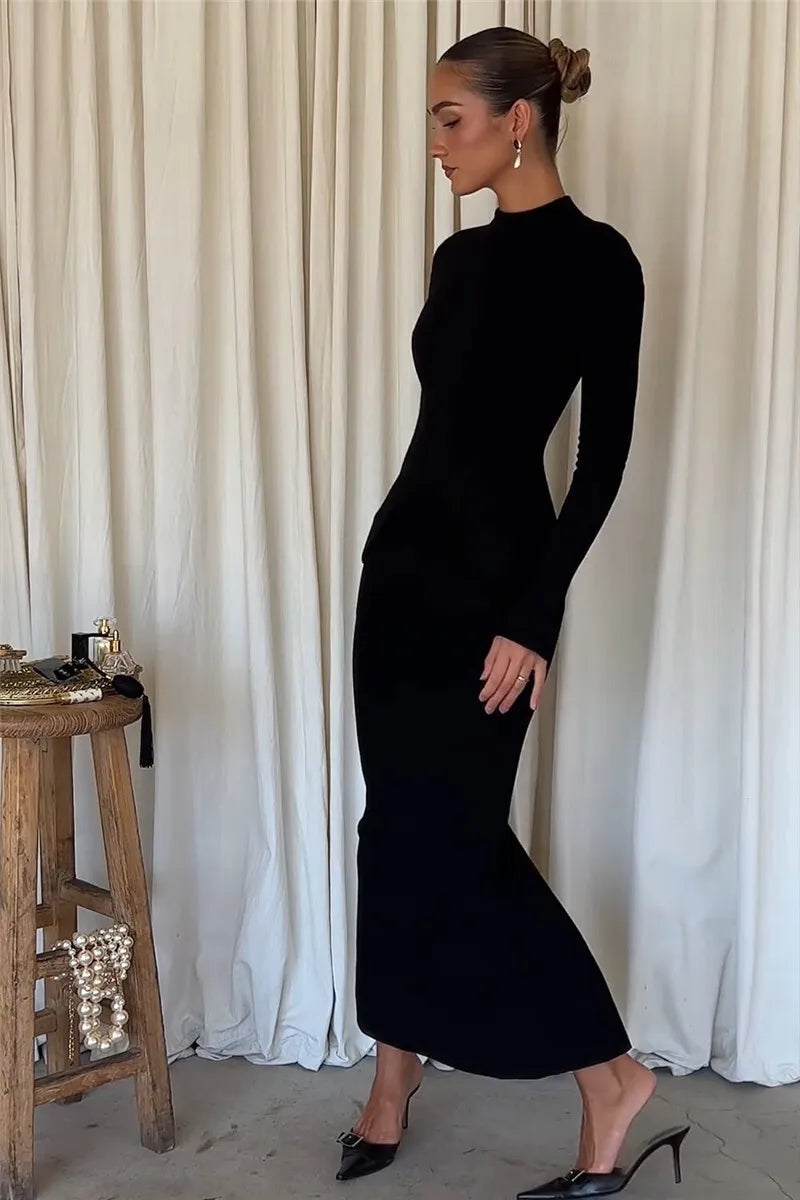 Black Long Sleeve Sexy Maxi Dress For Women Autumn Winter New O Neck Two Pocket Back Split Bodycon Long Dress Elegant