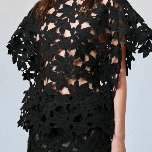 Load image into Gallery viewer, Solid Hollow Out Spliced Flower Two Piece Sets for Women Round Neck Short Sleeves Blouse High Waist Skirt Set Female
