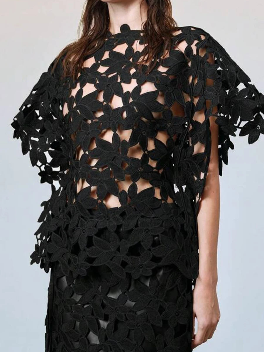 Solid Hollow Out Spliced Flower Two Piece Sets for Women Round Neck Short Sleeves Blouse High Waist Skirt Set Female