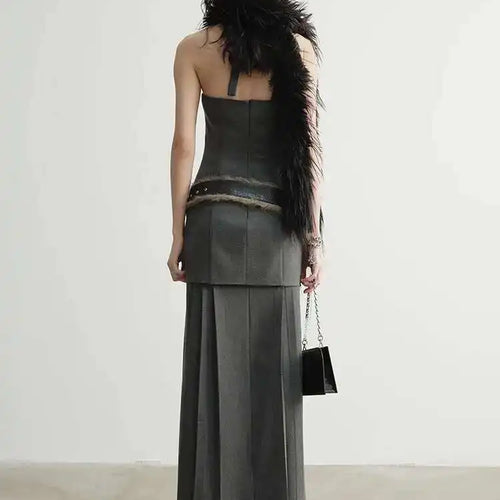 Load image into Gallery viewer, Women Geay Leather Hem Pleated Wool Belt Long Elegant Dress New Halter Sleeveless Fashion Tide Spring Autumn 2025 1DH7227
