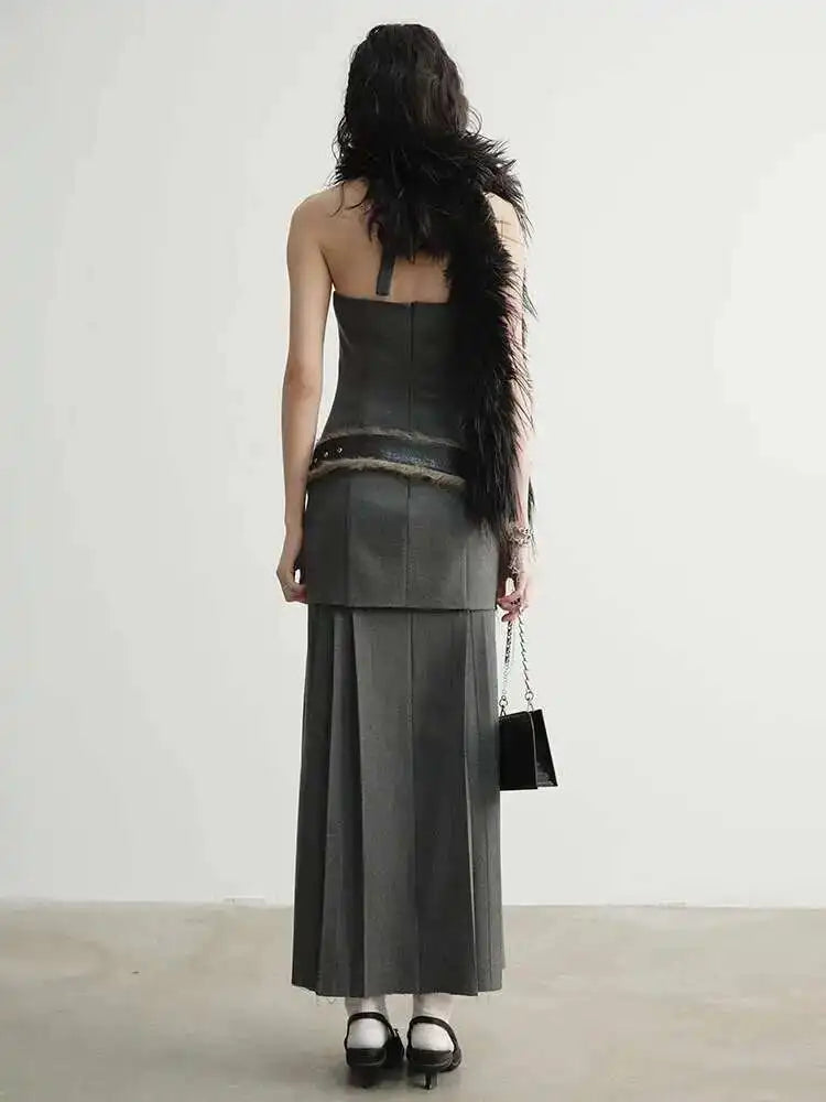 Women Geay Leather Hem Pleated Wool Belt Long Elegant Dress New Halter Sleeveless Fashion Tide Spring Autumn 2025 1DH7227