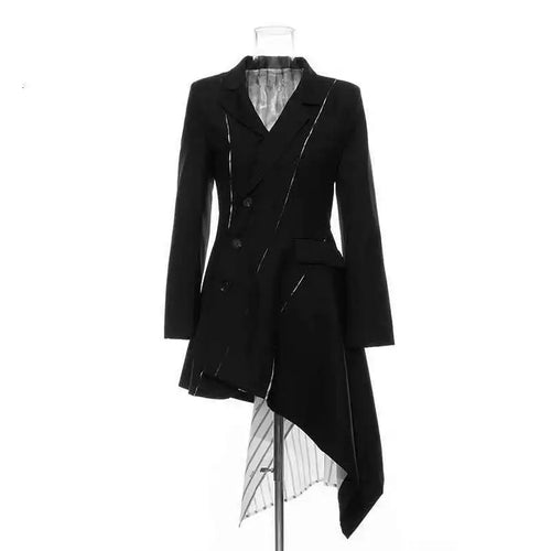 Load image into Gallery viewer, Women Black White Striped Spliced Irregular Dress New Round Neck Full Sleeve Loose Fit Fashion Spring Autumn 2025 1A320
