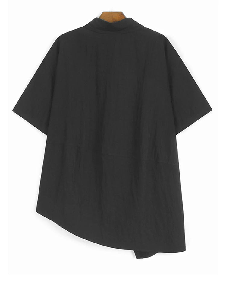 Women Black Irregular Printed Big Size Casual Blouse New Lapel Short Sleeve Shirt Fashion Tide Spring Summer 2025 1DJ1580