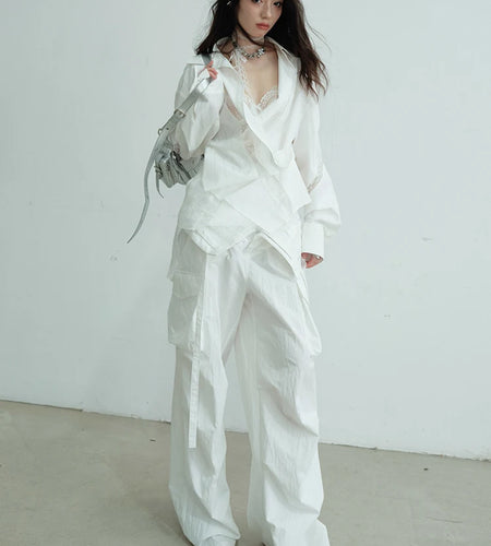 Women White Lace Hollow Out Big Size Elegant Blouse New Lapel Long Sleeve Shirt Fashion Tide Spring Autumn 2025 1DJ0688