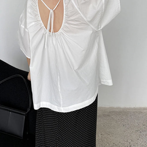 Load image into Gallery viewer, Women Blue Back Hollow Out Bandage Big Size  Blouse New Round Neck Short Sleeve Shirt Fashion Spring Summer 2025 1DJ1082
