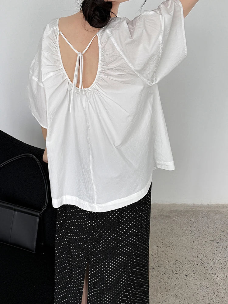 Women Blue Back Hollow Out Bandage Big Size  Blouse New Round Neck Short Sleeve Shirt Fashion Spring Summer 2025 1DJ1082