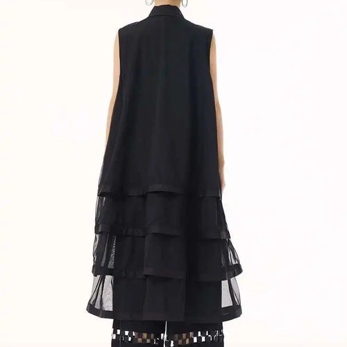 Load image into Gallery viewer, Women Black Layers Mesh Big Size Midi Vest Shirt Dress New Lapel Sleeveless Fashion Tide Spring Summer 2025 1DH9472
