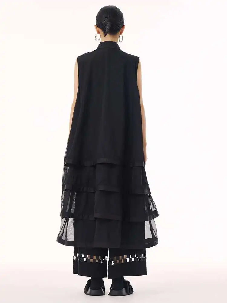 Women Black Layers Mesh Big Size Midi Vest Shirt Dress New Lapel Sleeveless Fashion Tide Spring Summer 2025 1DH9472