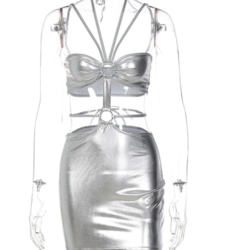 Solid Sleeveless Bodycon Halter Hollow Out Sexy Mini Dress 2021 Summer Women Fashion Streetwear Outfits Y2K