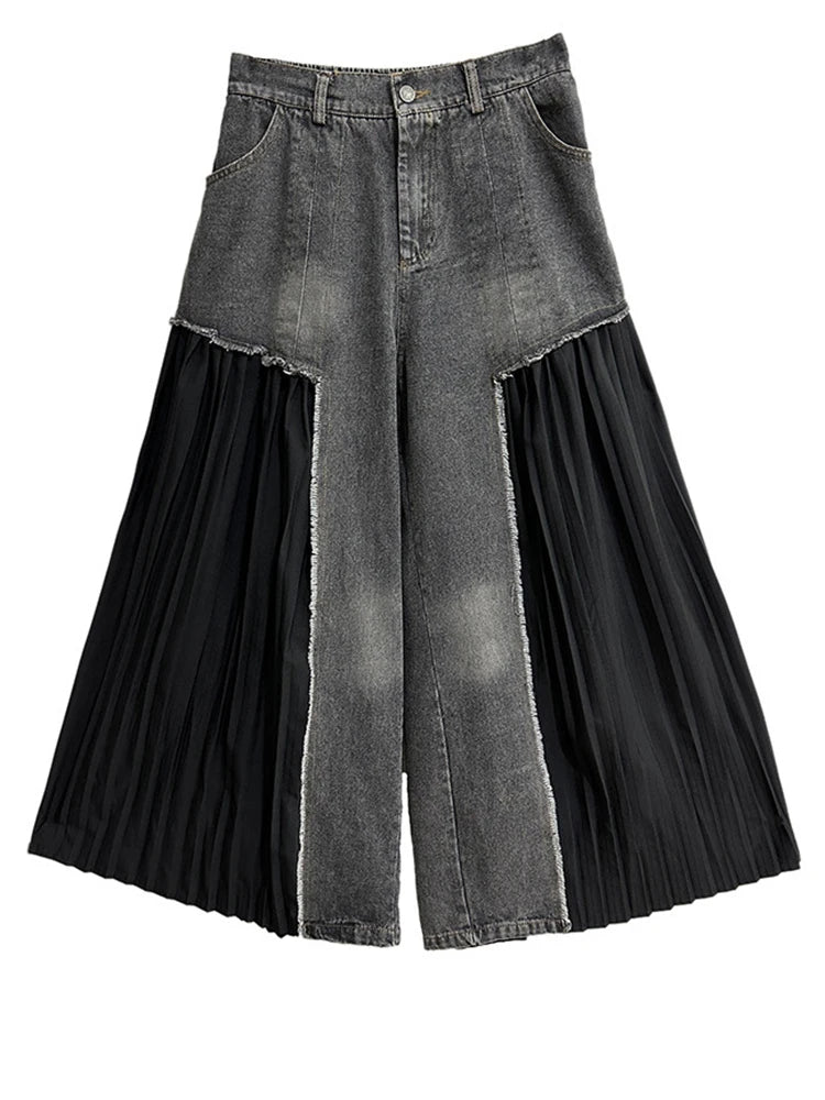 High Elastic Waist Blue Denim Pleated Long Wide Leg Pants New Trousers Women Fashion Tide Spring Autumn 2025 1DH5079