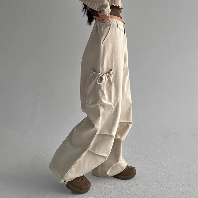 Harajuku Solid Drawstring Low Rise Parachute Pants Korean Fashion Pockets Draped Baggy Trousers Tech Sweatpants Chic
