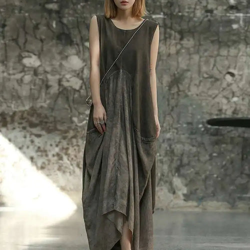 Load image into Gallery viewer, Women Orange Pleated Vintage Casual Dress New Round Neck Sleeveless Loose Fit Fashion Tide Spring Summer 2025 1DF6825
