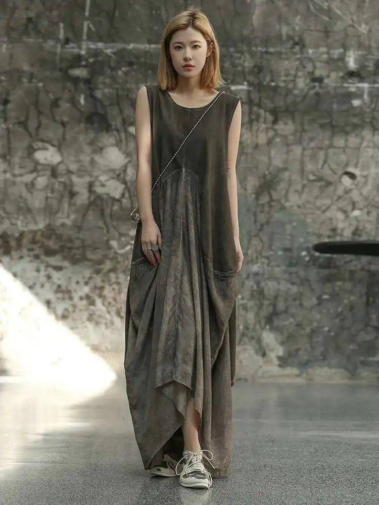 Women Orange Pleated Vintage Casual Dress New Round Neck Sleeveless Loose Fit Fashion Tide Spring Summer 2025 1DF6825