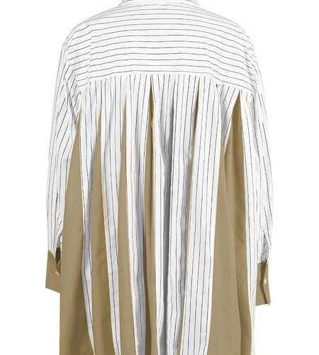 Women Khaki Back Pleated Striped Big Size Blouse New Lapel Long Sleeve Shirt Fashion Tide Spring Autumn 2025 Shelly006