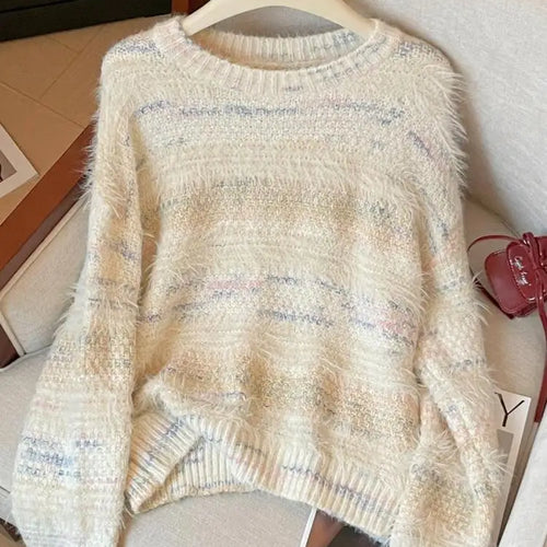 Load image into Gallery viewer, French Retro Fashion Women's Sweet Rainbow Round Neck Long Sleeve Knit Sweater Autumn Winter Vacation Short Pullover Tops Trendy
