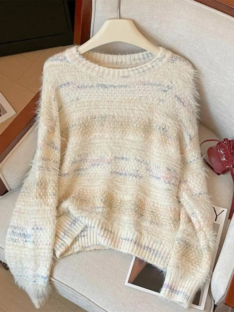 French Retro Fashion Women's Sweet Rainbow Round Neck Long Sleeve Knit Sweater Autumn Winter Vacation Short Pullover Tops Trendy