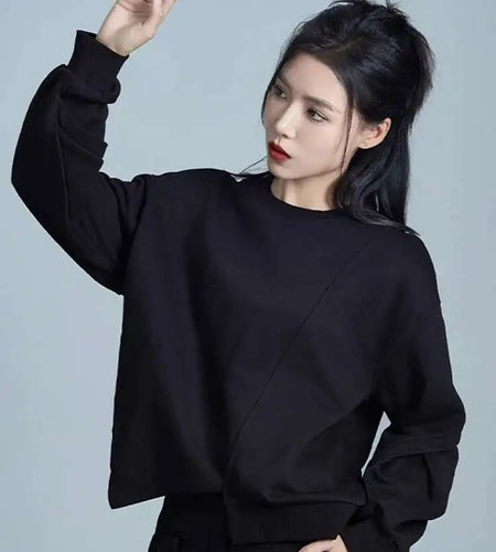 Loose Fit Black Irregular Sweatshirt New Round Neck Long Sleeve Women Big Size Fashion Tide Spring Autumn 2025 1DH1988