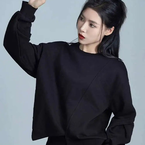 Load image into Gallery viewer, Loose Fit Black Irregular Sweatshirt New Round Neck Long Sleeve Women Big Size Fashion Tide Spring Autumn 2025 1DH1988
