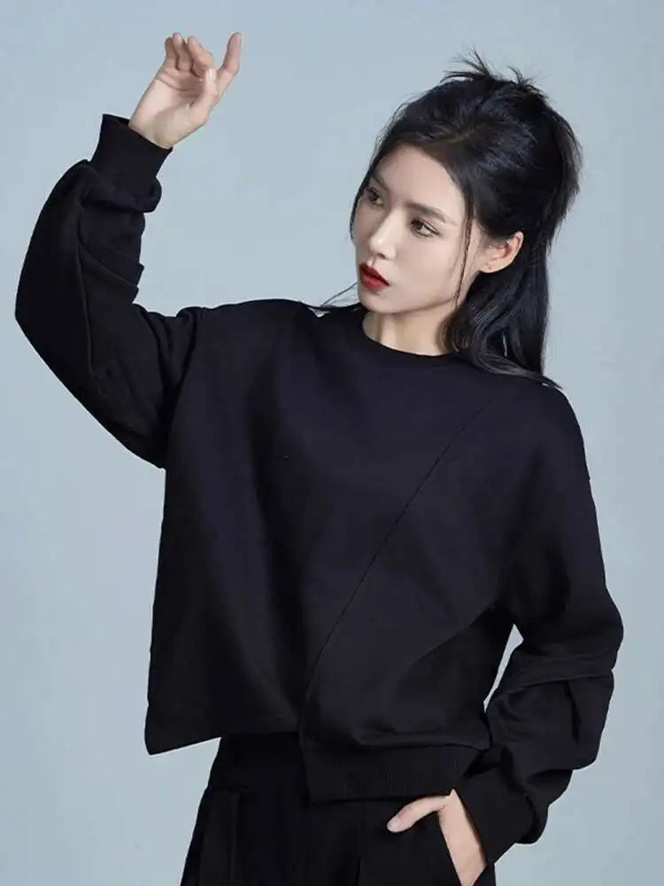 Loose Fit Black Irregular Sweatshirt New Round Neck Long Sleeve Women Big Size Fashion Tide Spring Autumn 2025 1DH1988