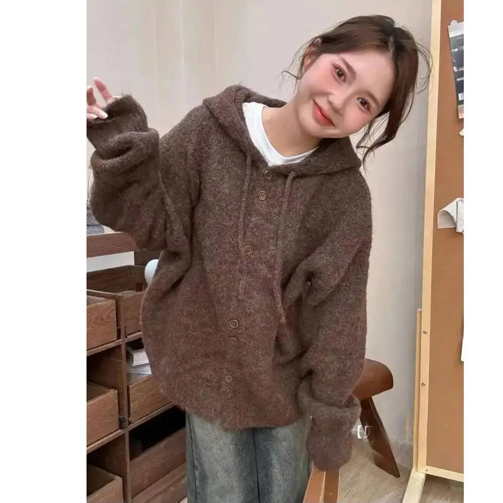 Korean Fashion Solid Elegant Single Breasted Short Hooded Sweater Women Autumn Winter Long Sleeve Vacation Cardigan Knitted Tops