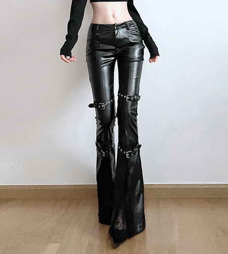 Streetwear Belt Buckle Design PU Leather Trousers Women Lace Patchwork Slimming Full Length Flared Pants Chic Bottoms