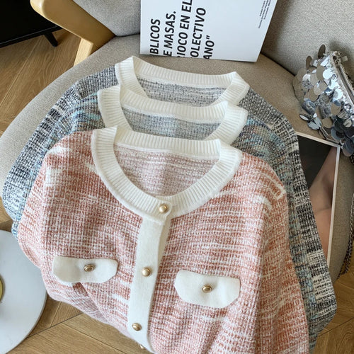 Load image into Gallery viewer, French Fashion Patchwork Elegant Long Sleeve O Neck Women Sweaters 2024 New Autumn Winter Single Breasted Vacation Cardigan Tops
