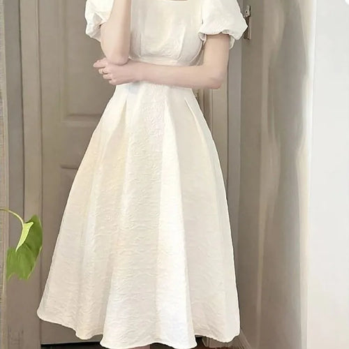 Load image into Gallery viewer, Korean Puff Sleeve Wrap Dress Woman French Vintage Retro Elegant Midi Dresses Square Collar Summer Solid Kpop
