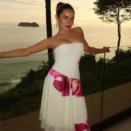 Load image into Gallery viewer, Floral Print Sexy Midi Dress Women Gown Summer New Strapless Off-shoulder Sleeveless Backless Irregular Ruffle Dress
