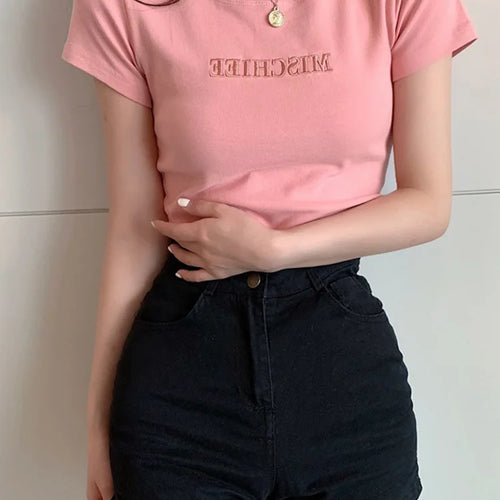 Load image into Gallery viewer, Women Short Sleeve Top Pure Ladies T-shirt Brand Letter Summer Embroidered Clothing Slim Cotton Pure Color Fashion Round Neck
