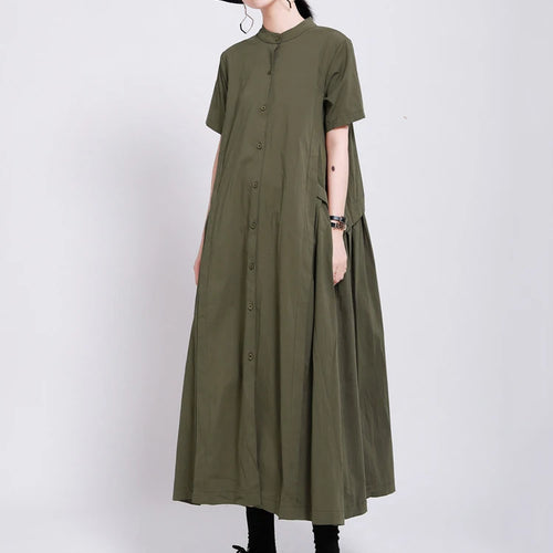 Load image into Gallery viewer, Women Army Green Pleated Elegant Long Shirt Dress New Stand Collar Short Sleeve Fashion Tide Spring Summer 2025 1DE8985
