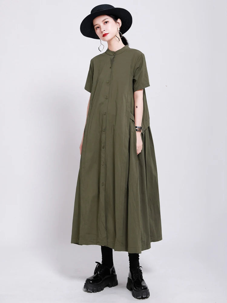 Women Army Green Pleated Elegant Long Shirt Dress New Stand Collar Short Sleeve Fashion Tide Spring Summer 2025 1DE8985