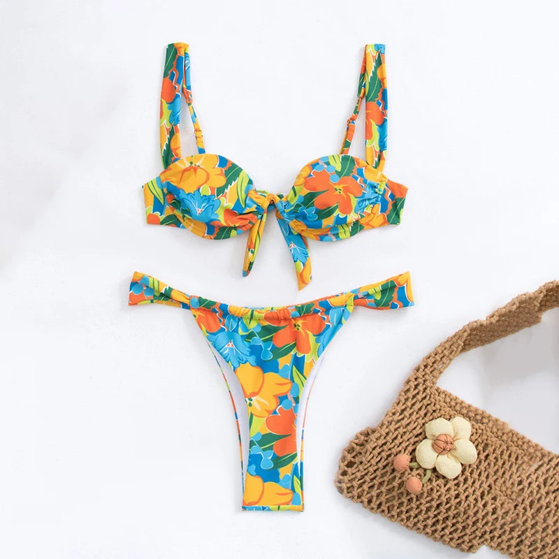 Brazilian Bikini 2024 Female Floral Thong Swimsuit Women Underwire High Cut Swimwear Push Up Bikini Set Bathing Suit