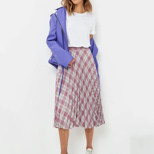 Load image into Gallery viewer, Women&#39;s Elegant Plaid Pattern Midi Skirt Top Quality Korean Vintage High Waist Pleated A-Line Skirts Spring Autumn C-091
