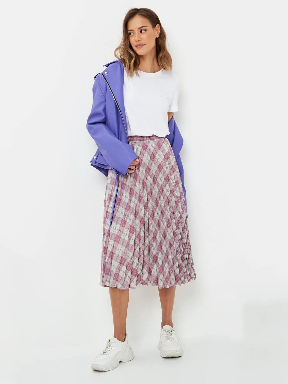 Women's Elegant Plaid Pattern Midi Skirt Top Quality Korean Vintage High Waist Pleated A-Line Skirts Spring Autumn C-091