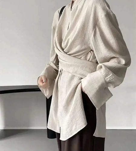 Women Apricot Cross Bandage Blouse New Stand Collar Long Sleeve Loose Fit Shirt Fashion Tide Spring Autumn 2025 1DF1552