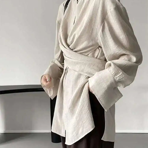 Load image into Gallery viewer, Women Apricot Cross Bandage Blouse New Stand Collar Long Sleeve Loose Fit Shirt Fashion Tide Spring Autumn 2025 1DF1552
