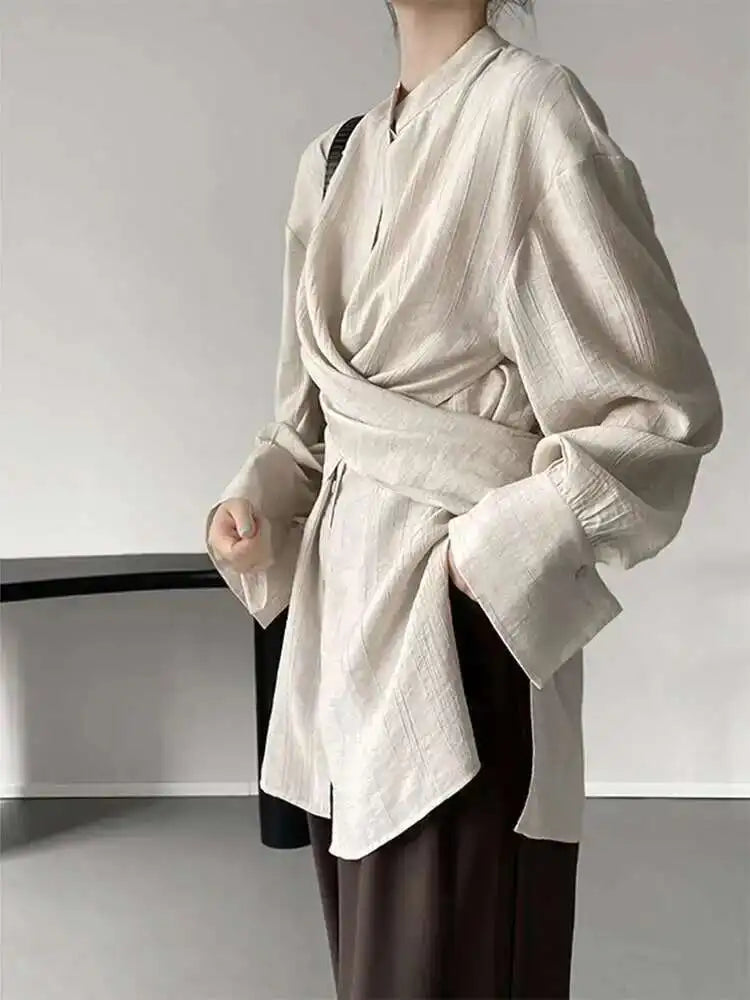 Women Apricot Cross Bandage Blouse New Stand Collar Long Sleeve Loose Fit Shirt Fashion Tide Spring Autumn 2025 1DF1552