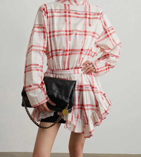 Hit Color Check Loose Dresses For Women O Neck Long Sleeve High Waist Temperament Mini Dress Female Fashion Style