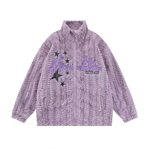 Load image into Gallery viewer, Japanese Embroidery Star Fluffy Women Coats Fashion Sweet Y2k Aesthetic Oversized Jackets Grunge Casual Loose Zipper Purple Coat
