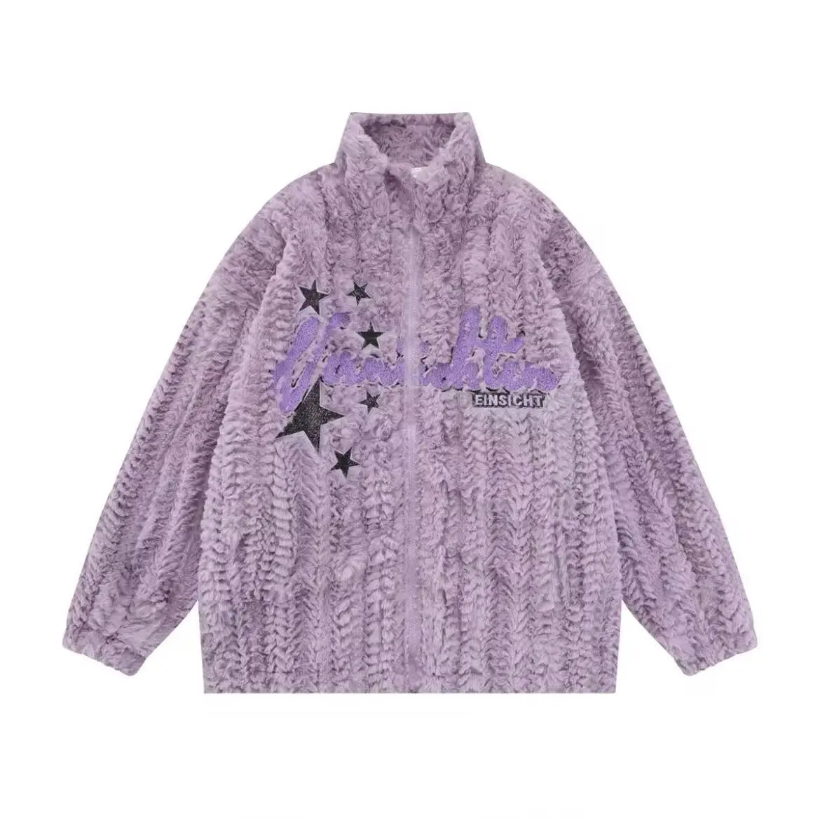 Japanese Embroidery Star Fluffy Women Coats Fashion Sweet Y2k Aesthetic Oversized Jackets Grunge Casual Loose Zipper Purple Coat
