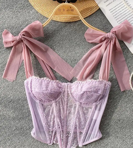 Summer Sexy Mesh Lace Strapless Bandage Sleeveless Patchwork Crop Slip Tops Casual Underwear Strap Padded Bras Bottom Vest Women