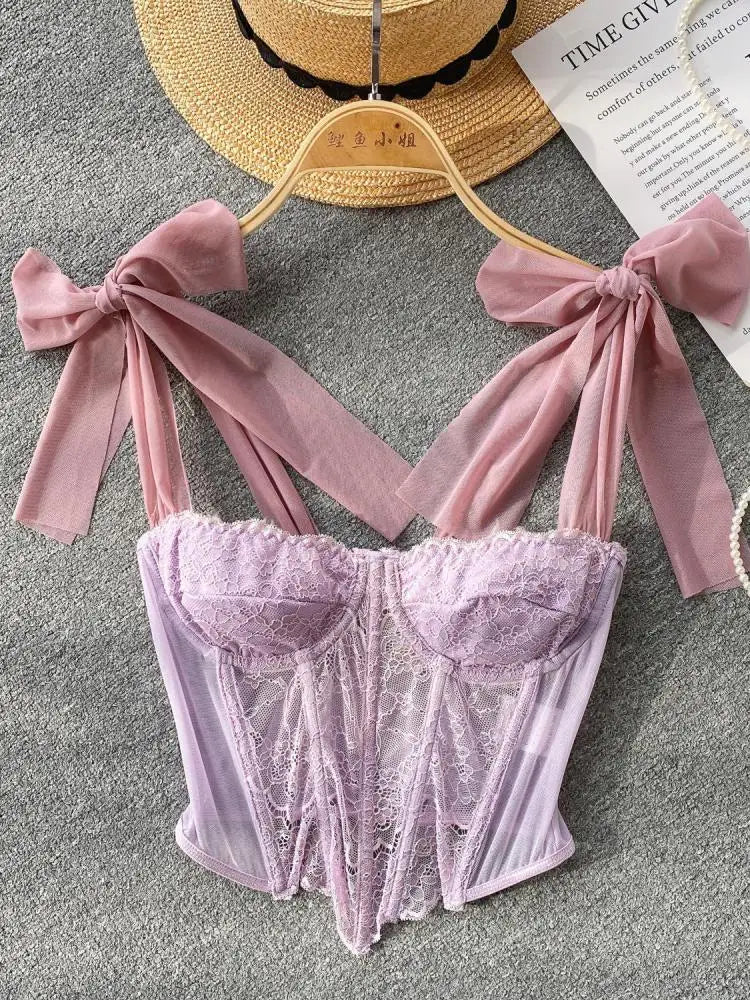 Summer Sexy Mesh Lace Strapless Bandage Sleeveless Patchwork Crop Slip Tops Casual Underwear Strap Padded Bras Bottom Vest Women
